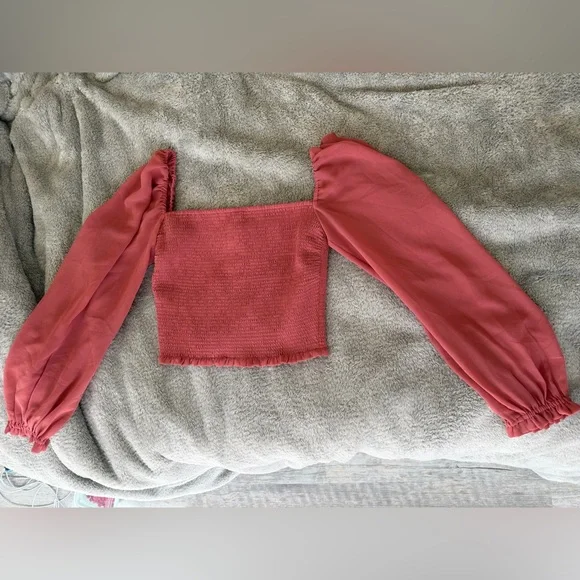 Aritzia Wilfred Smocked Square-Neck Crop Top with Sheer Puff Sleeves - Picture 1 of 2